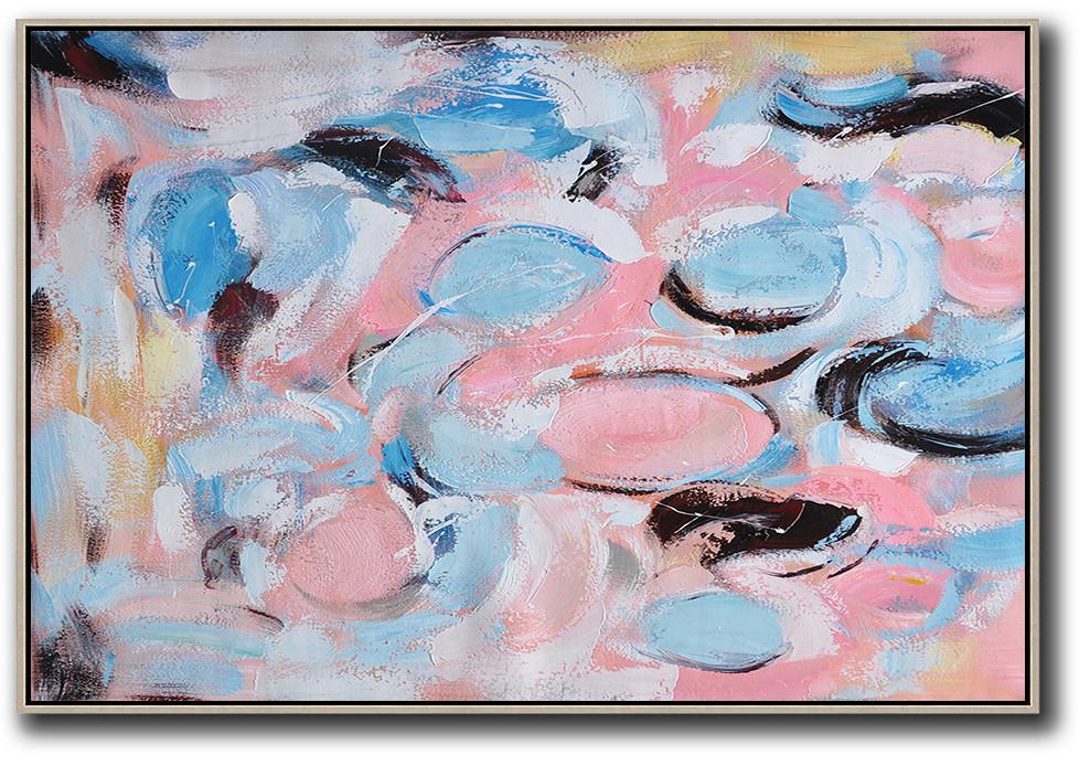 Huge Abstract Painting On Canvas,Oversized Horizontal Contemporary Art,Large Wall Canvas,Blue,Pink,White,Black,Brown.etc